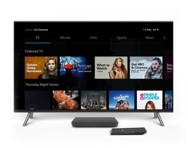 TV showing X1 screen with show options and remote